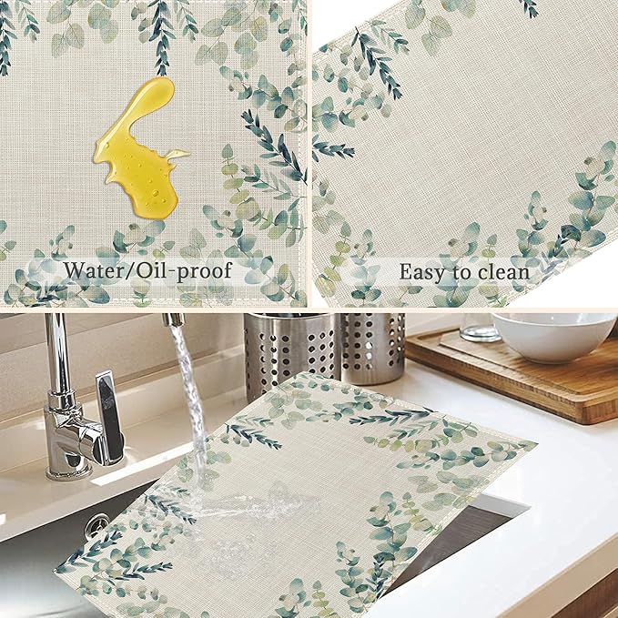 Green Floral Placemats Set of 6 - Botanical Sage Green Table Mats, Washable Heat Resistant for Kitchen Dining, Indoor Home Decor