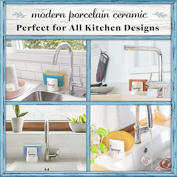 Home Acre Designs Sponge Holder for Kitchen Sink - Rustic Farmhouse Home & Kitchen Decor - White Ceramic