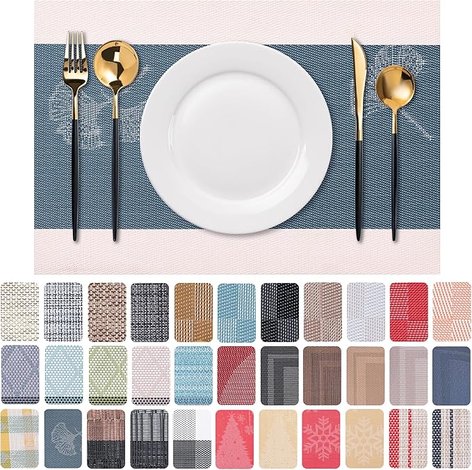 CADONO Placemats Set of 6 Washable Indoor/Outdoor Vinyl Place Mats for Dining Table Durable Non-Slip Heat Resistant PVC Weave Table Mats（Ginkgo biloba Blue White）