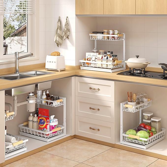 Sevenblue 2 Packs Under Sink Organizer, Height Adjustable 3 Tier Under Kitchen Sink Organizer, Multi-Purpose Storage Shelf for Kitchen Bathroom Cabinet (White, Large)