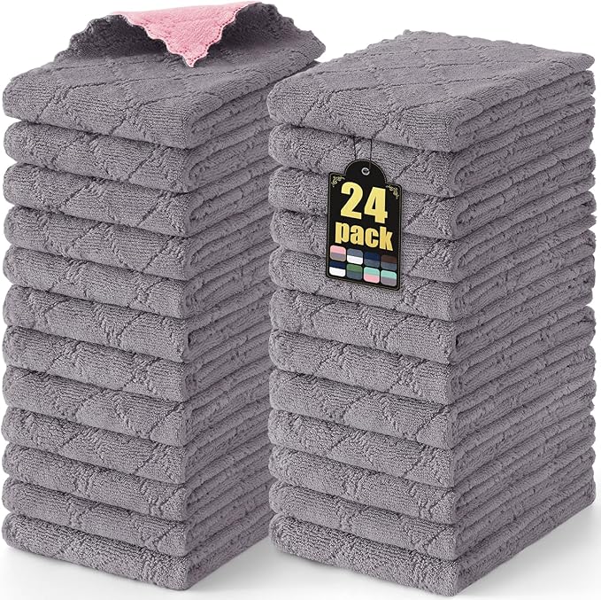 Mordimy 24 Pack Kitchen Towels (20" x 10", Grey & Pink), Super Soft and Absorbent Dish Towels, Coral Velvet Microfiber Cleaning Cloth, Nonstick Oil Fast Dry Dish Cloths