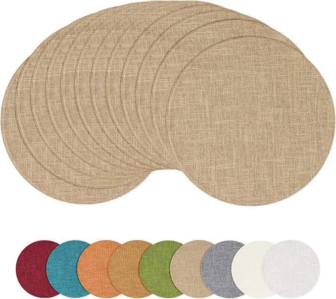 homing 15 Inch Round Cloth Placemats Set of 12, Cotton Linen Blend Washable Table Mats, Farmhouse Dining Place Mats for Indoors & Outdoors, Easy to Clean, Linen