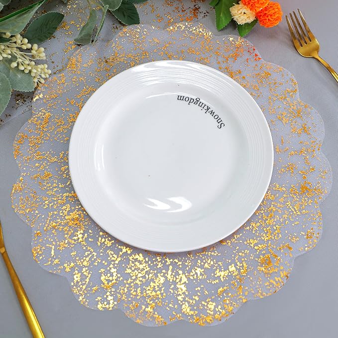 Snowkingdom Gold Placemats Set of 50, Gold Metallic Mesh Glitter Foil Floral Scalloped 13" Round Disposable Doilies for Dinning Table Fall Wedding Birthday Party Thanksgiving Christmas Decorations