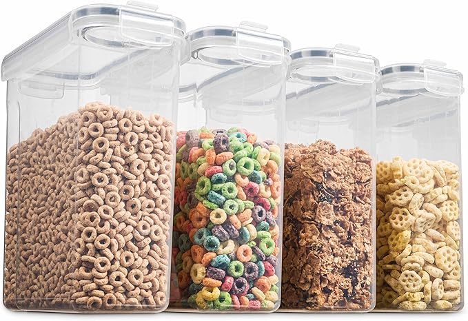 4 Pack Airtight Cereal & Dry Food Storage Container - BPA Free Plastic Kitchen and Pantry Organization Canisters for, Flour, Sugar, Rice, Nuts, Snacks, Pet Food & More (4L, 16.9 Cup, 135.5 Ounce