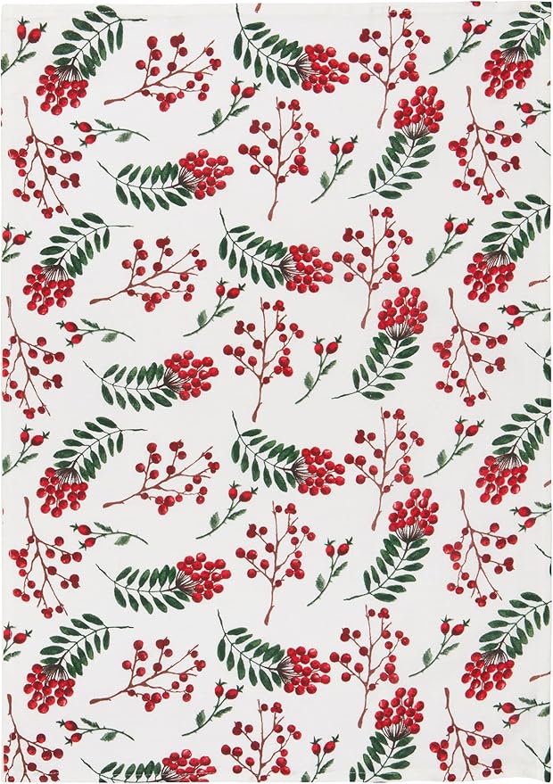 Now Designs Winterberry Baker's Floursack Christmas Dishtowels Set of 3 - Festive Kitchen Towels for Holiday Baking