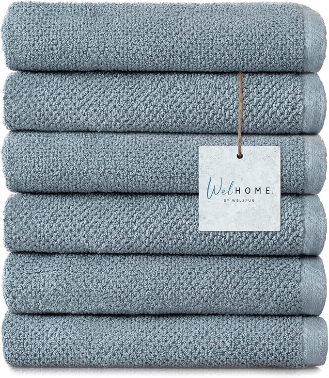 Welhome Franklin Premium 6 Pack Hand Towels Popcorn Textured Dusty Blue Bathroom Towels Hotel & Spa Towels for Bathroom Soft & Absorbent 600 GSM 100% Cotton Hand Towels