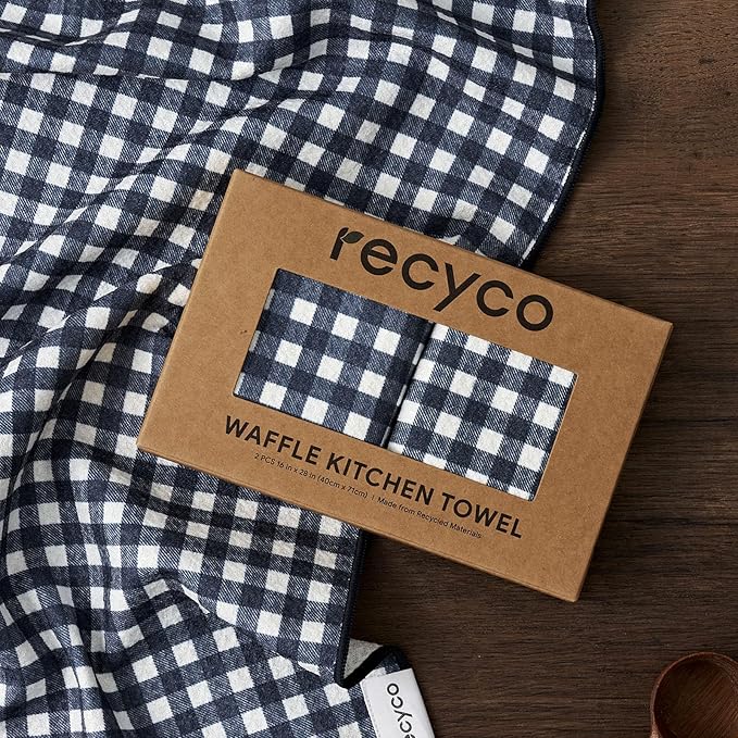 RECYCO Waffle Kitchen Towel Set of 2 - Quick Dry Microfiber Sustainable Dish Towels - Ultra Absorbent Reusable Cleaning Tea Towels - Lightweight Hand Towels,16”x 28”, Navy Blue Plaid