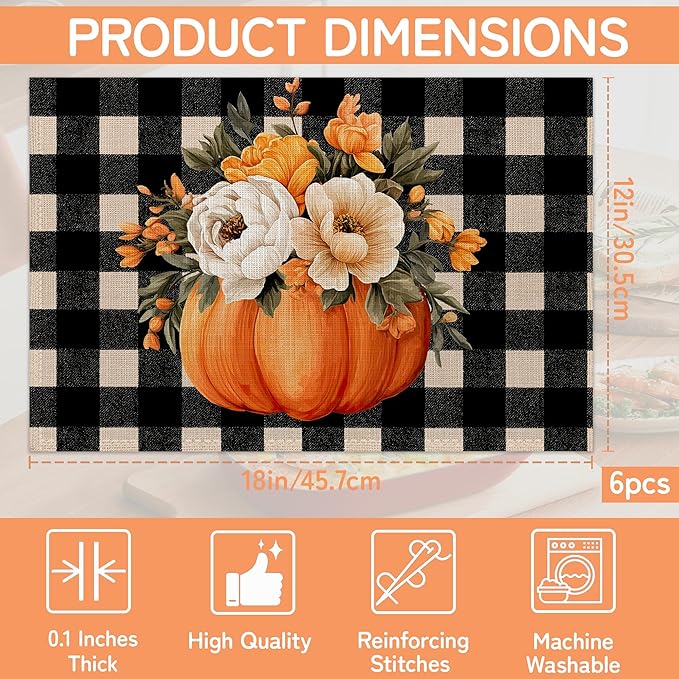 Plaid Pumpkin Placemats Set of 6,Flower Dinner Table Mats Non-Slip Washable Mats for Kitchen Dinner Party Tablemat 12x18Inch