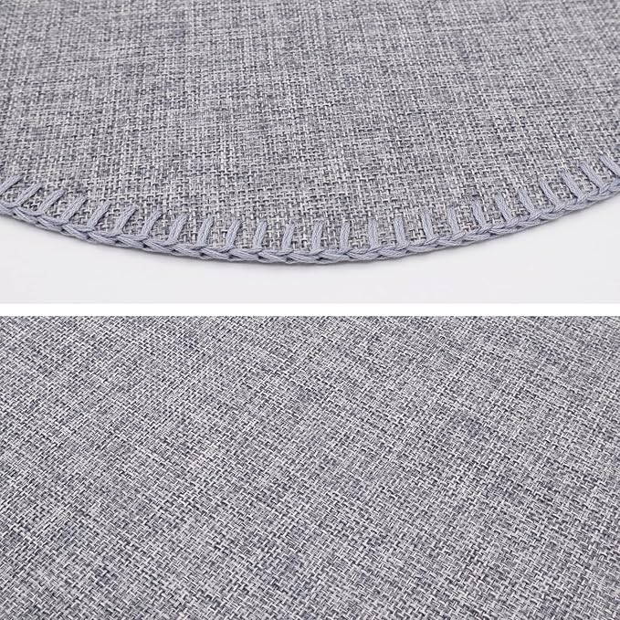 Round Placemats Set of 6, 15 Inch Linen Fabric Table Placemats, Heat Resistant, Wrinkle Free Washable Placemats Kitchen Place Mats Set of 6 for Dining Table Party Table (Light Grey, 6)