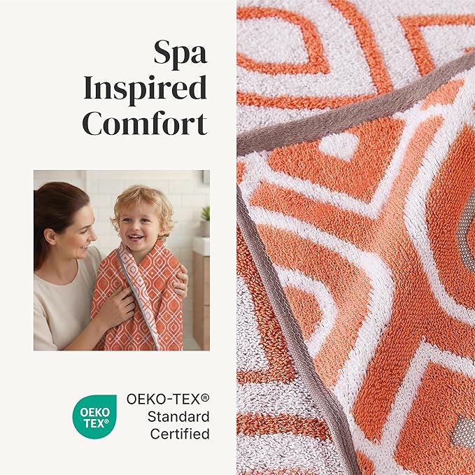 Modern Threads Classic Diamond 6-Piece 100% Cotton Towel Set – Yarn Dyed Jacquard – Includes 2 Bath Towels, 2 Hand Towels, 2 Washcloths – Absorbent, Quick Dry, Soft & Durable – Rust Orange