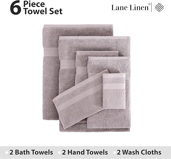 LANE LINEN 100% Ring Spun Cotton Bathroom Towel Set - 6 Piece - Soft, Quick Dry & Highly Absorbent - 2 Bath, 2 Wash cloths, 2 Hand Towels - Ideal for Guests & Perfect for Bathroom decor - Platinum
