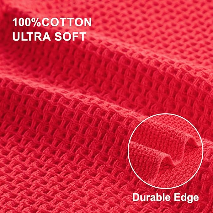 joybest Cotton Kitchen Towels, 4-Pack Waffle Weave Ultra Soft Absorbent Dish Towels Quick Drying Kitchen Dish Cloths, 18 in x 28 in, Red
