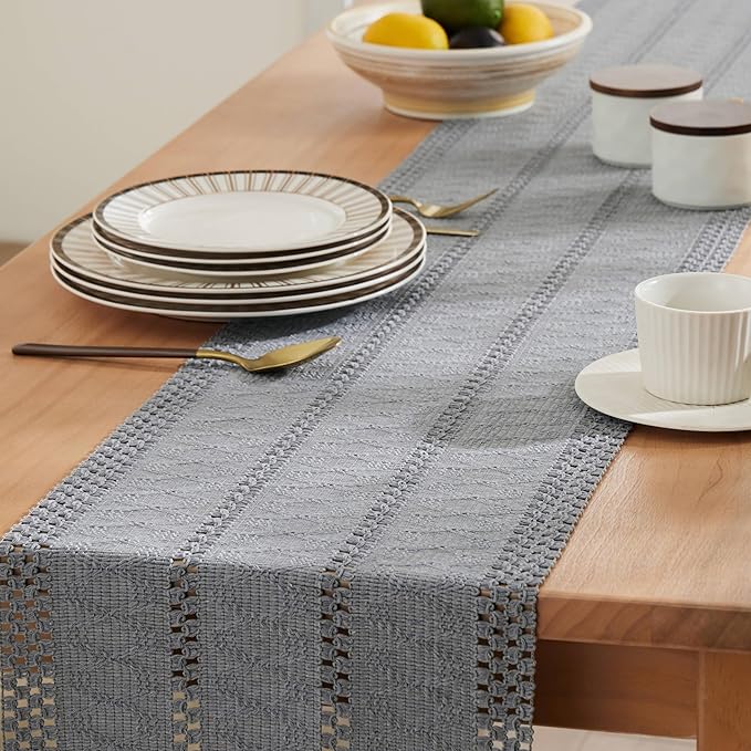 ZeeMart Macrame Style Boho Table Runner, Blue Grey Table Runners 48 Inches Long, Farmhouse Woven Home Decor, 12x48 Inch, Light Blue Grey