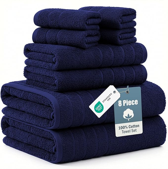 Casa Platino 100% Cotton Bath Towels - 8 Pcs Luxury Set - Soft, Absorbent & Durable - 2 Bath, 4 Washcloths, 2 Hand Towels for Bathroom - Sustainably Produced & Designed for Everyday use - Navy Blue