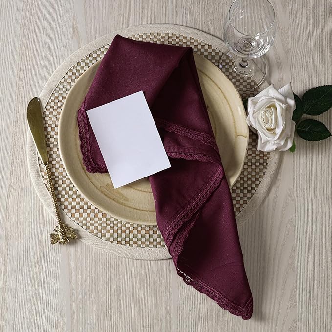 Ramanta Home Linen Flax Cloth Napkins Set of 12 Burgundy, 18x18 Inch | Easter Premium Cotton Linen Flax Lace Soft & Durable | Washable Ideal for Spring Basket Décor, Wedding, Kitchen, Everyday Use