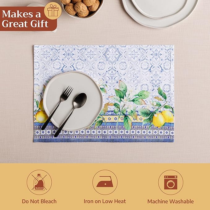 Maison d' Hermine Placemats Set of 4 100% Cotton Washable Cloth Place Mats Reusable Table Mats for Kitchen Dining Party Wedding Gifts for Mothers Day Spring/Summer (Citrus, 13" x 19")