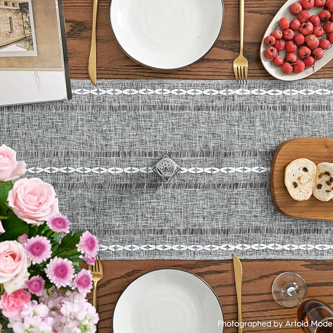 Artoid Mode Dark Grey Rustic Cotton Linen Table Runner, Seasonal Embroidered Hollow Kitchen Dining Table Decoration for Home Party Decor 13x36 Inch