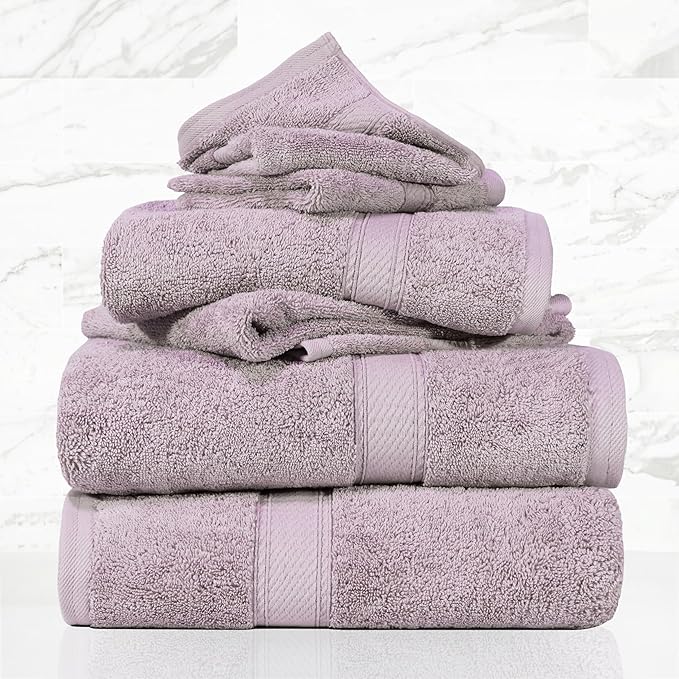 SUPERIOR Egyptian Cotton Pile 6 Piece Towel Set, Includes 2 Bath, 2 Hand, 2 Face Towels/Washcloths, Ultra Soft Luxury Towels, Thick Plush Essentials, Guest Bath, Spa, Hotel Bathroom, Purple