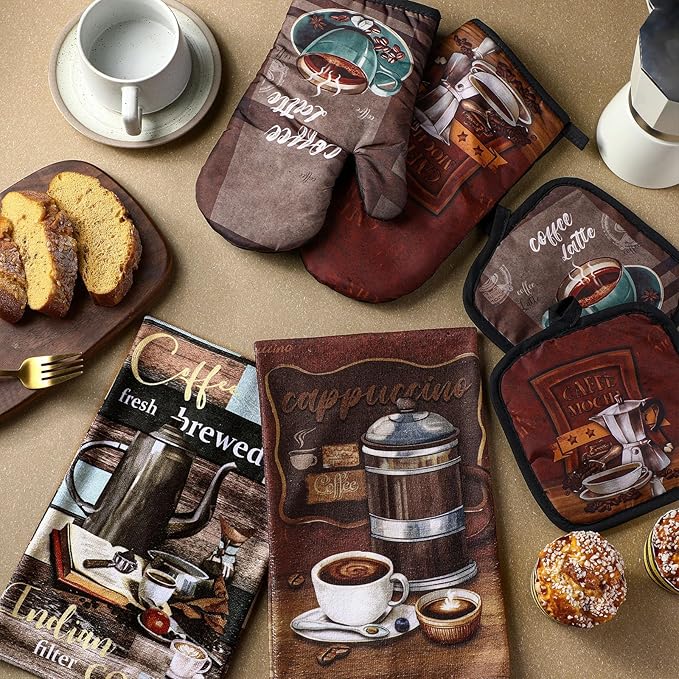 Jingmore 6 Pcs Kitchen Decor Set Accessorie Farmhouse Kitchen Towels Pot Holders Oven Mitts Set 2 Dish Towels 2 Pot Holders 2 Cooking Mittens Oven Glove for Cooking(Dark Brown,Coffee)