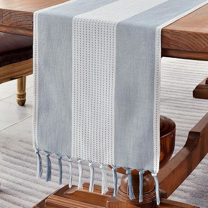 Wracra Linen Table Runner, Farmhouse Macrame Table Runners 108 Inches Long for Dining Table Decor, Wedding, Party and Dresser Decor (Blue,108")
