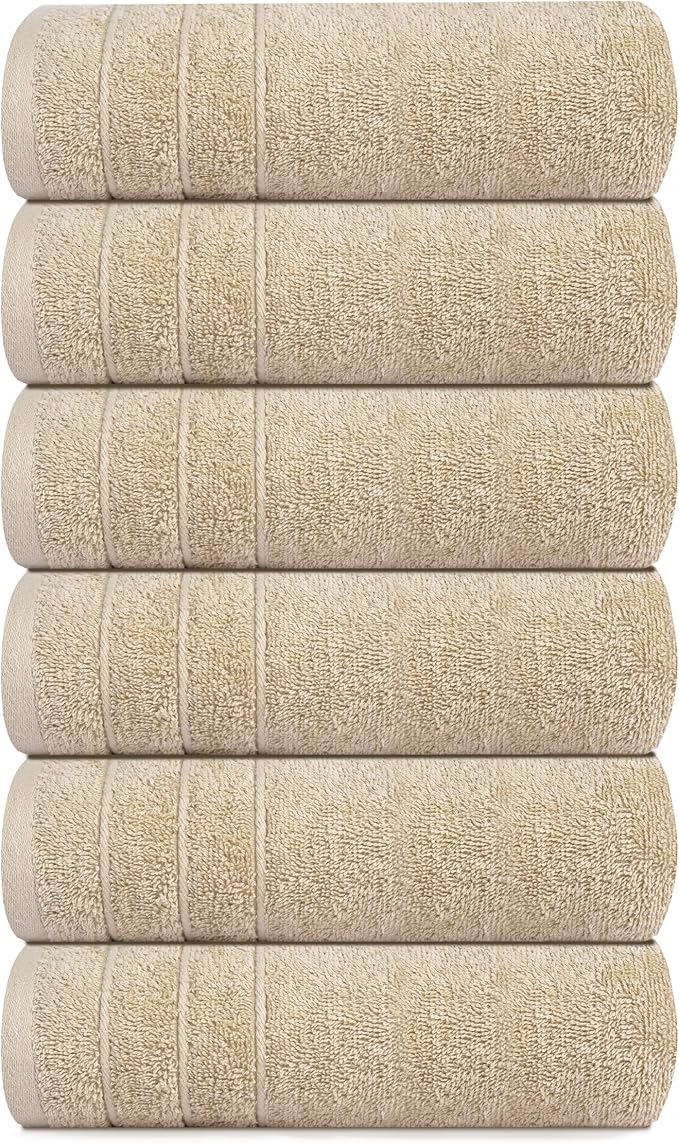 Tens Towels Pack of 6 Hand Towels, 100% Cotton, Lighter Weight, Quick to Dry, 16 x 28 Inches, Super Soft & Absorbent, Perfect for Bathroom & Kitchen (Beige)