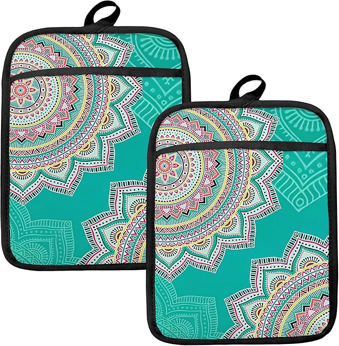 Turquoise Abstract Mandala Floral Pot Holders for Kitchen, Boho Colorful Ethnic Flower Botanical Heat Resistant Hot Pads and Oven Mitts for Baking Cooking，379 potholder