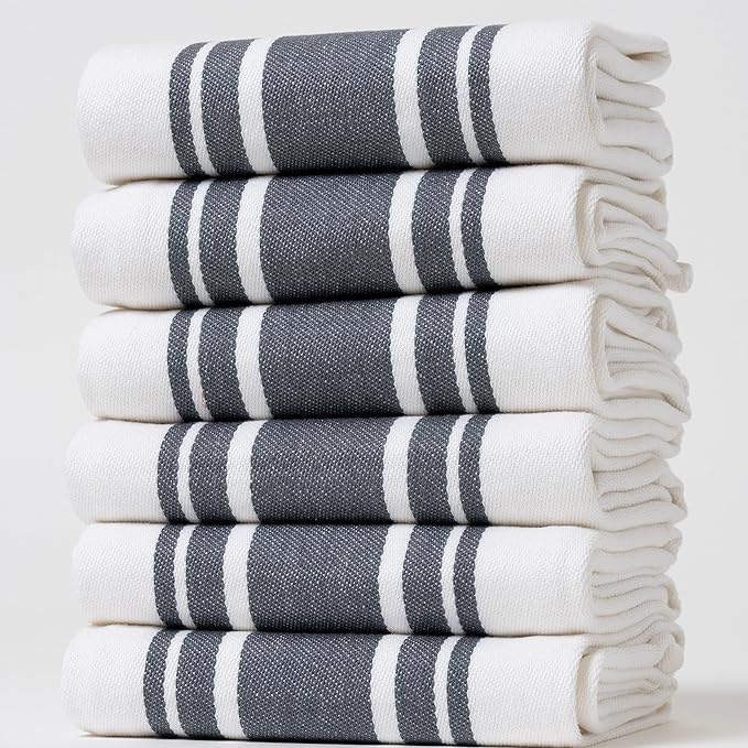 Kitchen Towels Set – Pack of 6 (20’’ x 30’’) Extra Large Premium Cotton Dish Towels for Kitchen – Super Striped Towels – Absorbent – 100% Cotton – with Hanging Loop – Dark Grey
