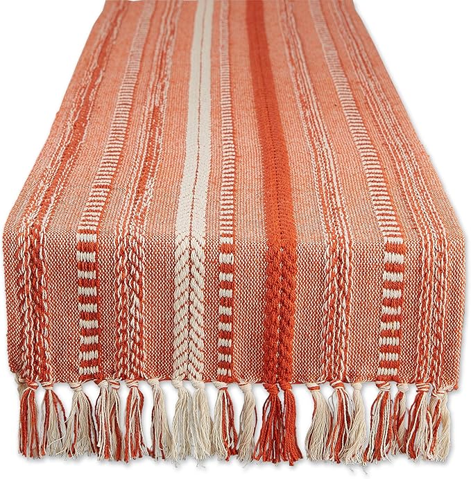 DII Farmhouse Braided Stripe Table Runner Collection, 15x108 (15x113, Fringe Included), Vintage Red