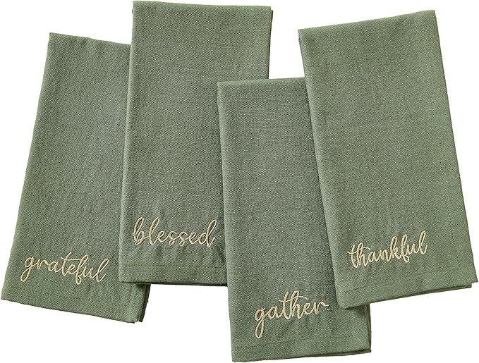 Elrene Home Fashions Harvest Fall Sentiment Embroidered Napkins, Set of 4, 17"x17", Green