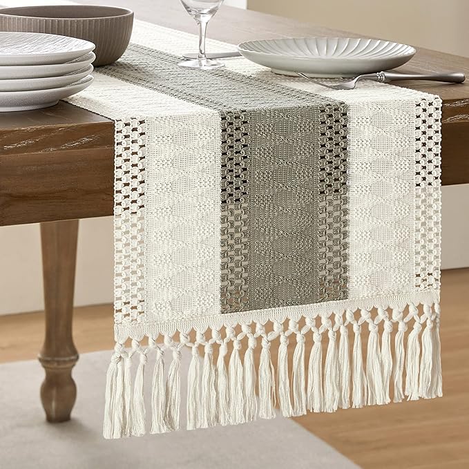 ZeeMart Macrame Style Bicolor Stitching Table Runner, 14 x 108 Inch Dark Sage/Ivory, Boho Grey Sage Table Runners 108 Inches Long, Farmhouse Woven Home Decor