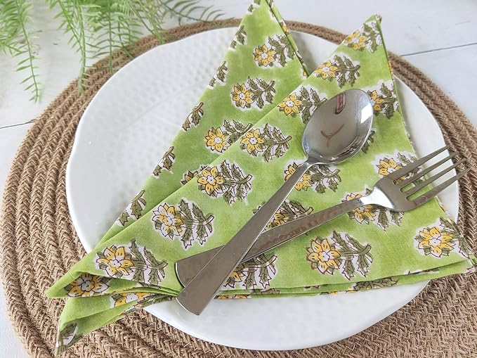 Craftbot Soft Washable Thin Cotton Dinner Napkins 18x18 inches - Set of 6 - Everyday Use or Dinner Party and Events - Green and Yellow Floral Lightweight Indian Block Print Fabric