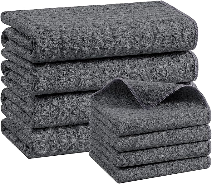 Homaxy Microfiber Waffle Weave Kitchen Towels Set, 16 x 28 Inch and 12 x 12 Inch Ultra Absorbent and Solid Color Dish Towels, 8 Pack, Dark Grey