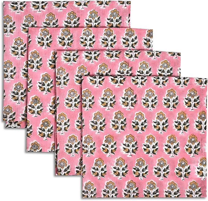 CPC Poppy Pink Indian Block Print Cotton Cloth Napkins Set of 4, 18x18 Reusable Everyday Napkins, Soft, Absorbent, Floral Dinner Napkin, Holiday, Party Gift, Spring,Mother's Day