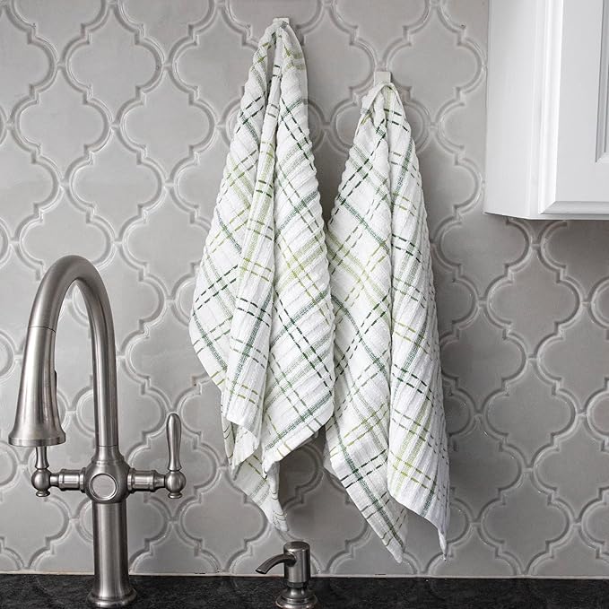 Ritz Royale Collection 100% Combed Terry Cotton, Highly Absorbent, Oversized Checked Kitchen Towel Set, 28" x 18", 2-Pack, Cactus Green