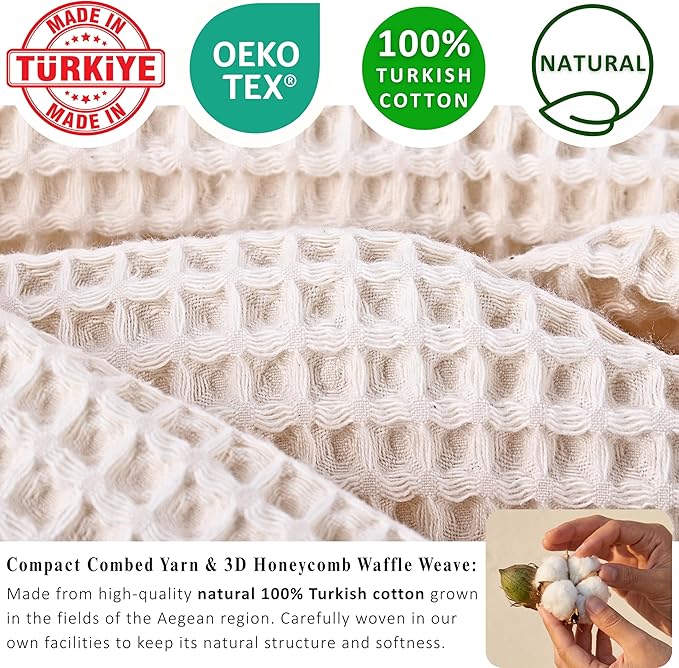 PÜSKÜL Undyed-Raw Waffle Bath Towels Set of 2-Piece | Organic Natural 100% Turkish Cotton Towel | Premium Quality Body Towels for Bathroom & Sauna | 32x63 inch Large Bath Sheet | Earthy Spa Experience