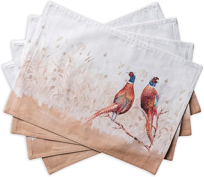 Maison d' Hermine Placemats Set of 4 100% Cotton Washable Cloth Place Mats, Reusable Table Mats for Thanksgiving Christmas Decorations Kitchen Dining Party Wedding (Faisan D'Automne, 13" x 19")