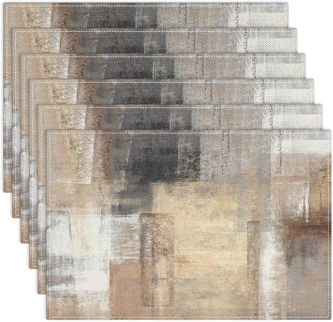 Emvency Farmhouse Placemats Set of 6,12x18 Inch Linen Rectangular Place Abstract Modern Beige Geometric Minimalist Table Mats for Indoors & Outdoor Home Party Kitchen Dining Decoration
