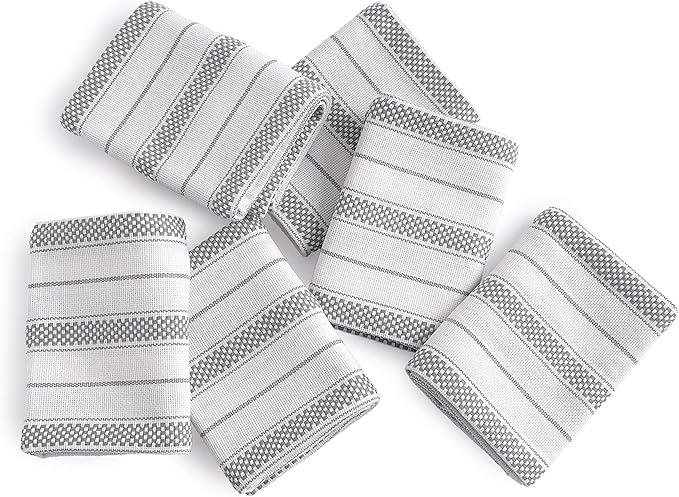 Kitchen Towels Set – Pack of 6 (20’’ x 30’’) Extra Large Premium Cotton Dish Towels for Kitchen – Chain Stripe Towels – Absorbent – 100% Cotton – with Hanging Loop – Light Grey