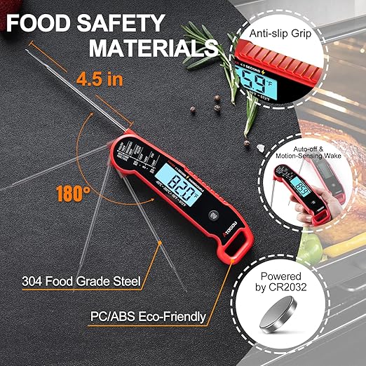 Atogou Meat Thermometer, Professional Food Thermometer, <1 Sec Instant Read, ±0.5℉ Accuracy, Thermocouple Sensor, Waterproof Digital Thermometer for Cooking, BBQ, Grill, Him Dad Birthday Gifts, Red