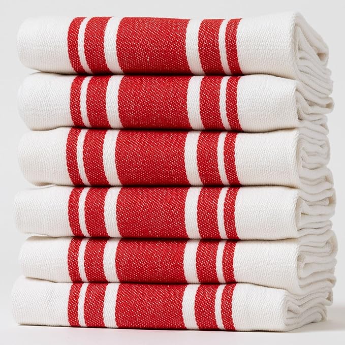 Kitchen Towels Set – Pack of 6 (20’’ x 30’’) Extra Large Premium Cotton Dish Towels for Kitchen – Super Striped Towels – Absorbent – 100% Cotton – Hanging Loop – Red