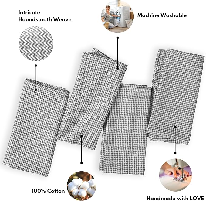Napkins 100% Cotton Set of 12 Decorative Houndstooth Check Cloth Napkin Washable Dinner Napkins for Holiday, Dinner, Wedding, Baby Shower & Dining - Grey (18”X18”)