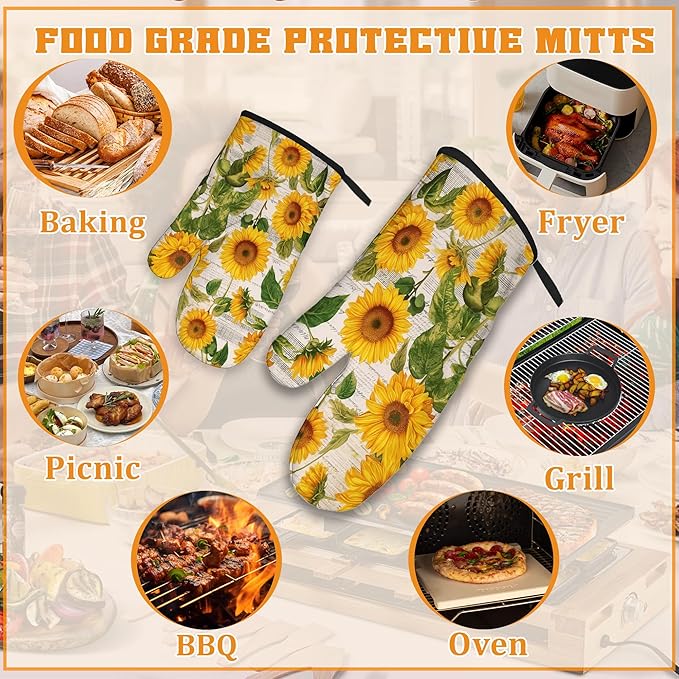 Vintage Sunflower Oven Mitts and Pot Holders,Heat Resistant Oven Mitts Gloves and Pot Holder for Home Kitchen Decorations Cooking Baking BBQ Gifts,Set of 4