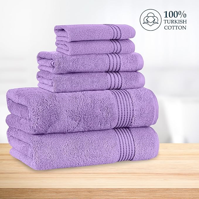 Mocassi Luxury 100% Turkish Cotton 6-Piece Towel Set - Ultra Soft, Quick Dry Highly Absorbent Premium Spa Hotel Quality Bath Towels, Includes 2 Bath Towels, 2 Hand Towels and 2 Washcloths, Lilac