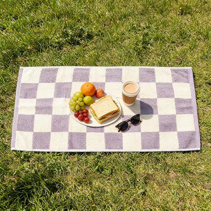 Madi-Cadi 100% Cotton Checkerboard Towels Set of 2, Farmhouse Kitchen & Guest Bathroom Towels, 13 x 29 Inches, Highly Absorbent Lint-Free Dish & Hand Towels with Double-Stitched Hems(Lavender)