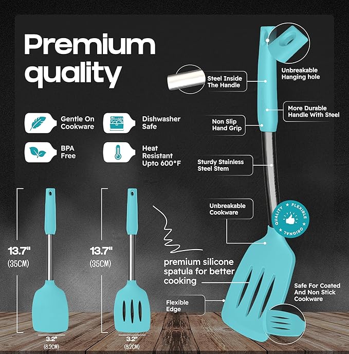 BakeRoyal Silicone Spatula Set - Turner Spatulas Silicone Heat Resistant 600°F - Slotted & Solid Spatula for Cooking Fish, Eggs, Pancakes Flipper – Spatulas for kitchen use – Aqua