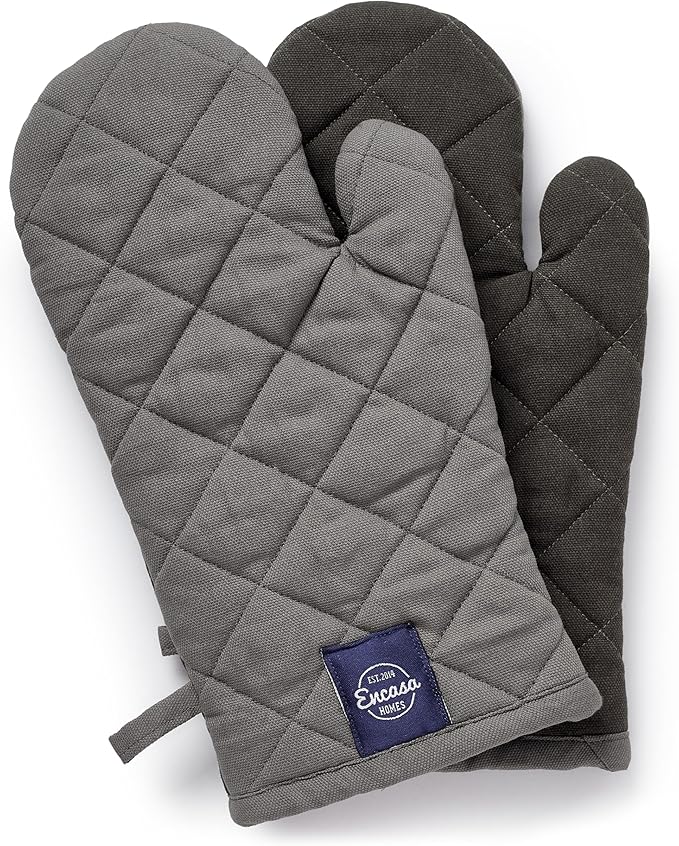 Encasa XO Heat Resistant Cotton Oven Gloves Mitts (2 Pc Set) - Quilted & Safe 12x6.6 in - for Kitchen, Cooking & Baking, Grilling, Handling Hot Pots & Pans - Grey
