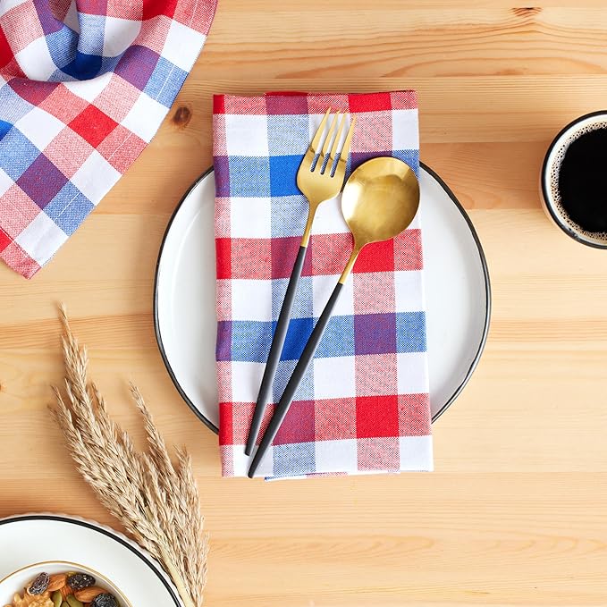Cloth Napkins Set of 12, 100% Cotton Dinner Napkins 18x18 Inch, Soft Absorbent Gingham Check Napkin for Restaurant, Table Décor, Reusable Washable for Everyday Use - Red/Blue/White