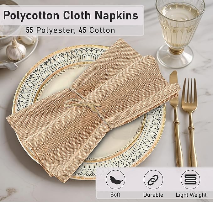 Ruvanti Cloth Napkins Set of 12, 18x18 Reusable Napkins Cloth Washable, Soft & Durable Table Napkin, Poly Cotton Fabric Dinner Napkins for Parties, Christmas, Thanksgiving, Weddings - Honey