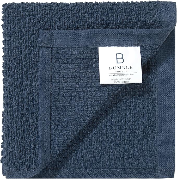 Bumble Premium Dish Cloths Towel 12"x12" | 100% Natural Ring Spun Cotton Tea Towel Set | 430 GSM | Highly Absorbent & Soft Dish Towels | 8 Pack - 4 Popcorn Striped & 4 Solid Kitchen Towels - Blue