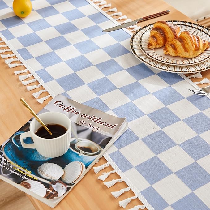 Ohocut Blue Checkered Table Runner with Tassel Farmhouse Rustic Vintage Cute Aesthetic Retro Cotton Linen Table Runner 72 Long for Dinning Race Party Decoration 13''x72''